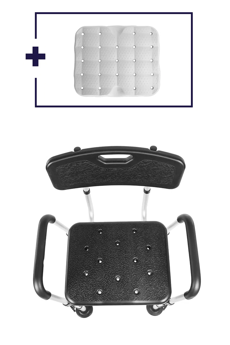 KMINA Silla Ducha Reposabrazos 150 kg Altura Regulable Cojín Espuma Montaje sin Herramientas Fabricado España Negro