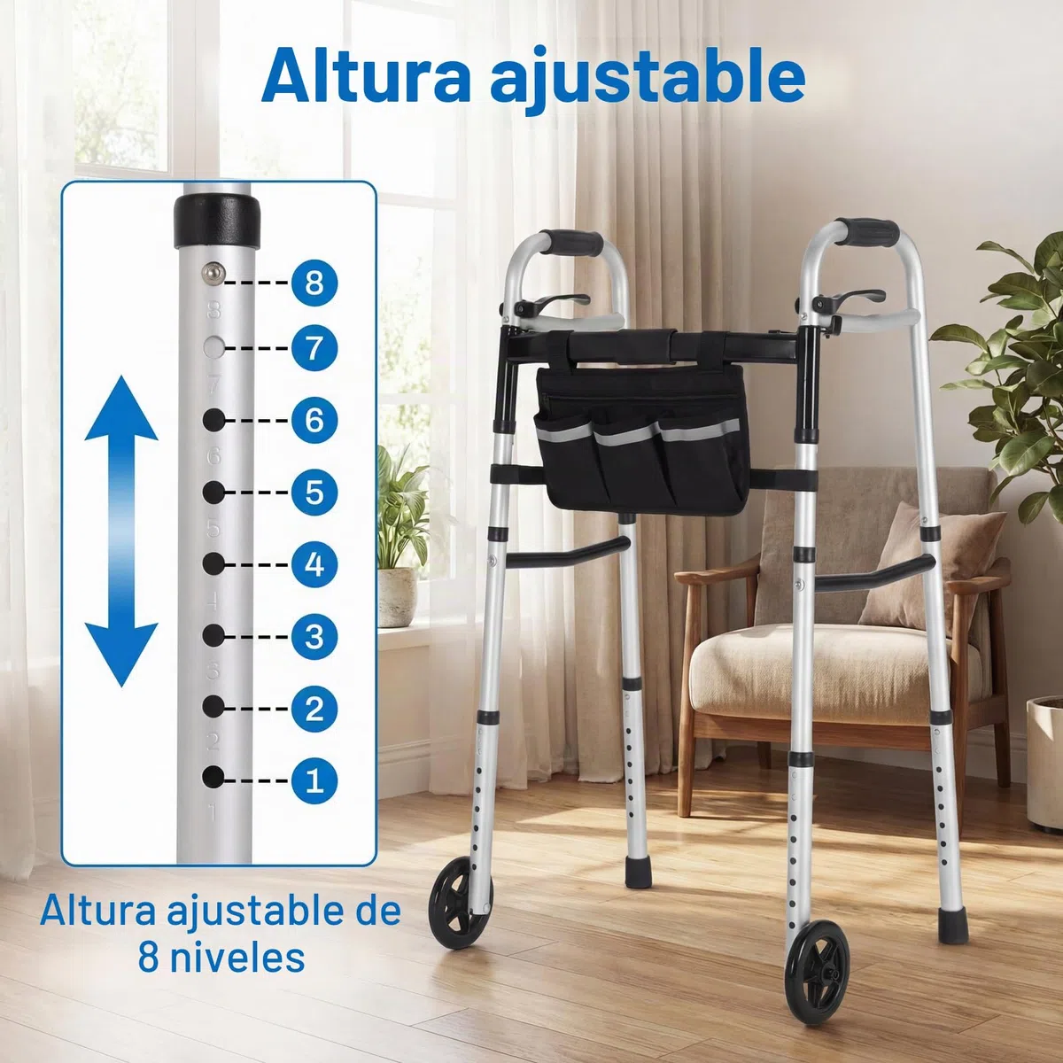 Andador para Personas Mayores, Plegable con Ruedas, Caballete Ligero de Altura Regulable de Aluminio, Gehgestell con Altura Regulable en 8 Niveles y Anchura Ajustable en 5 Posiciones