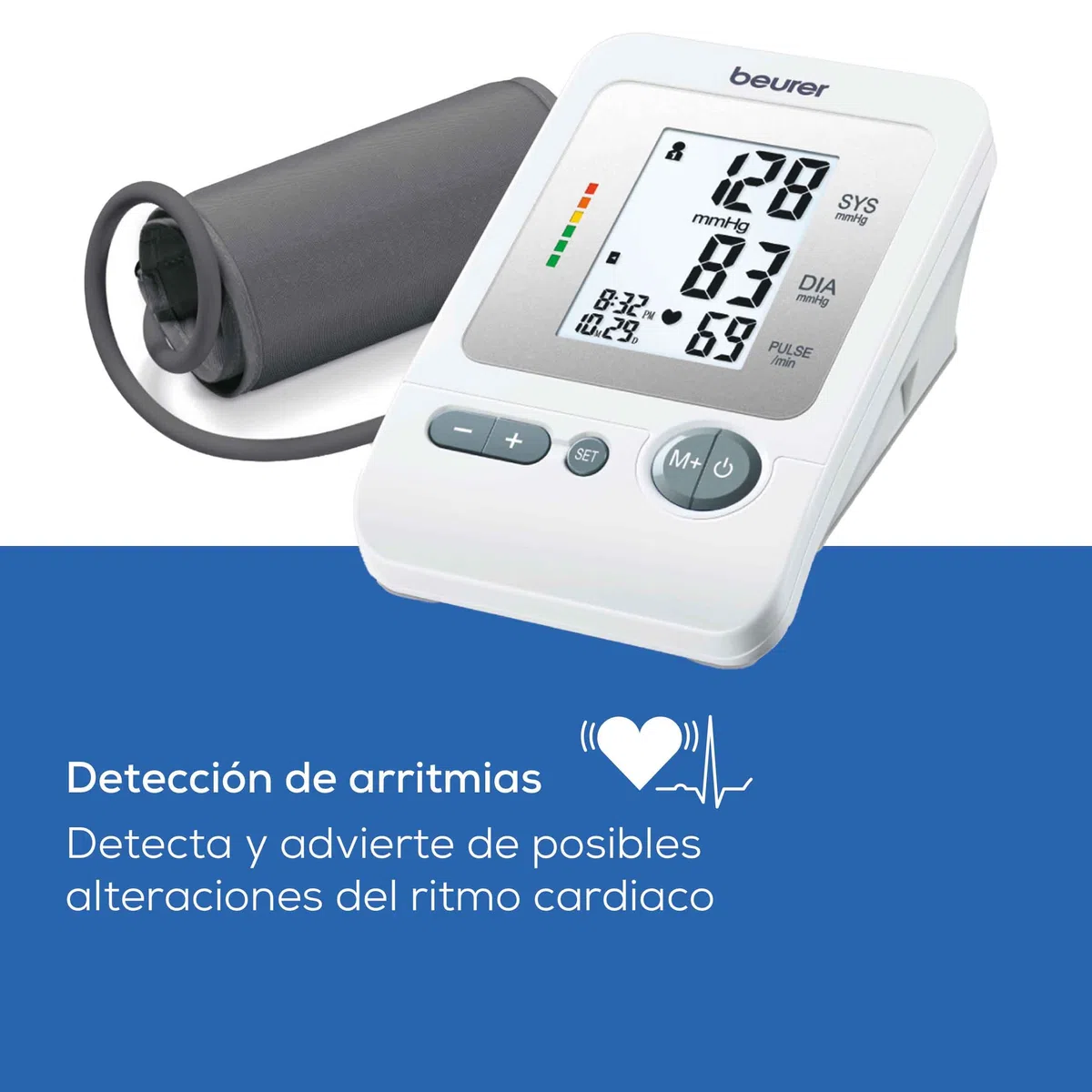 Beurer BM 26 Tensiómetro de brazo con manguito para circunferencias de brazo de 22-35 cm, indicador de riesgo, detección de arritmias, mensaje en caso de errores de aplicación