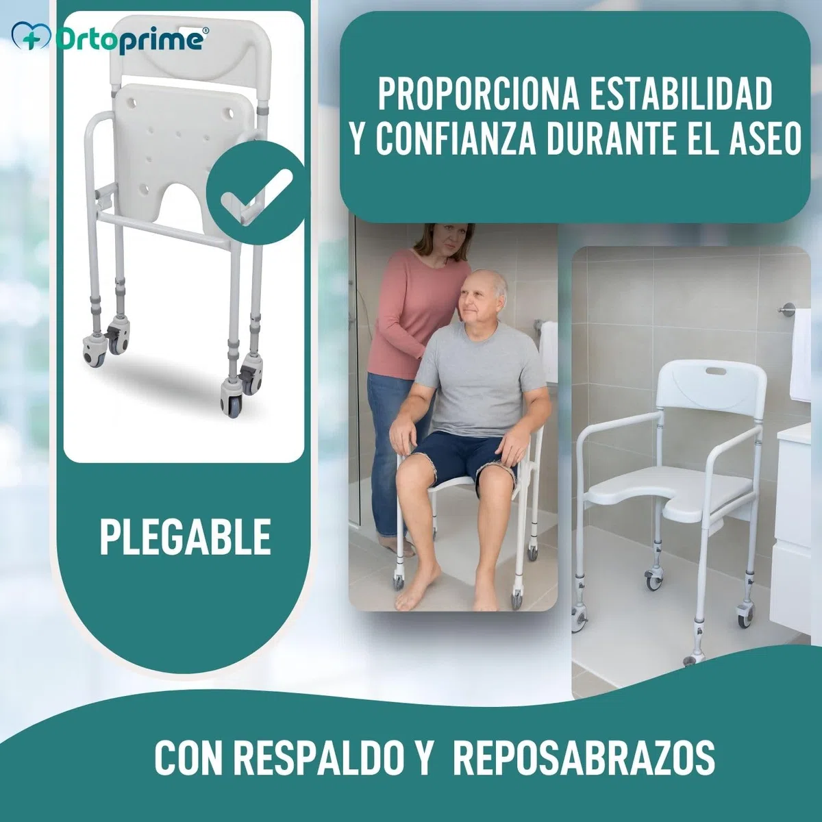 OrtoPrime Silla Ducha Personas Mayores Forma U con Ruedas Silla Baño Adultos Plegable - Silla Ducha Mayores Ortopédica - Silla de Baño Taburete Ducha para Mayores con Respaldo Altura Regulable