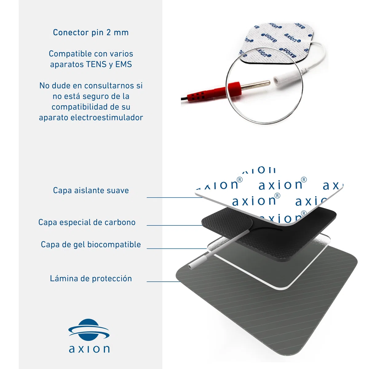 16 electrodos axion de 10x5 cm | Parches de recambio para electroestimulador TENS y/o EMS reusables y autoadhesivos con conector pin de 2 mm