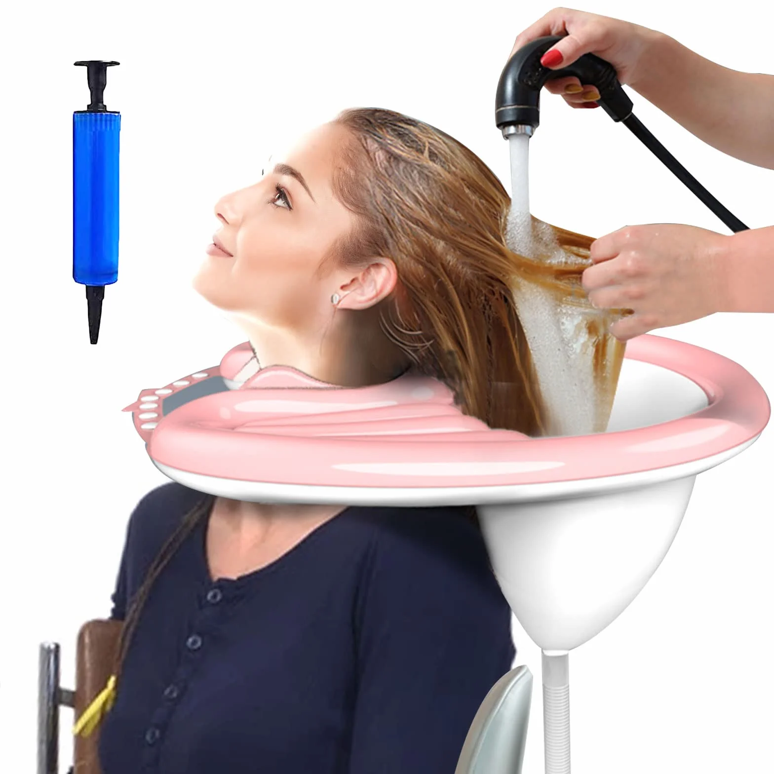 Lavabo inflable para champú, bandeja portátil para lavar el cabello con bomba de aire y drenaje, cuenco ligero para champú postrado en cama, discapacitados, personas mayores, embarazadas, niños