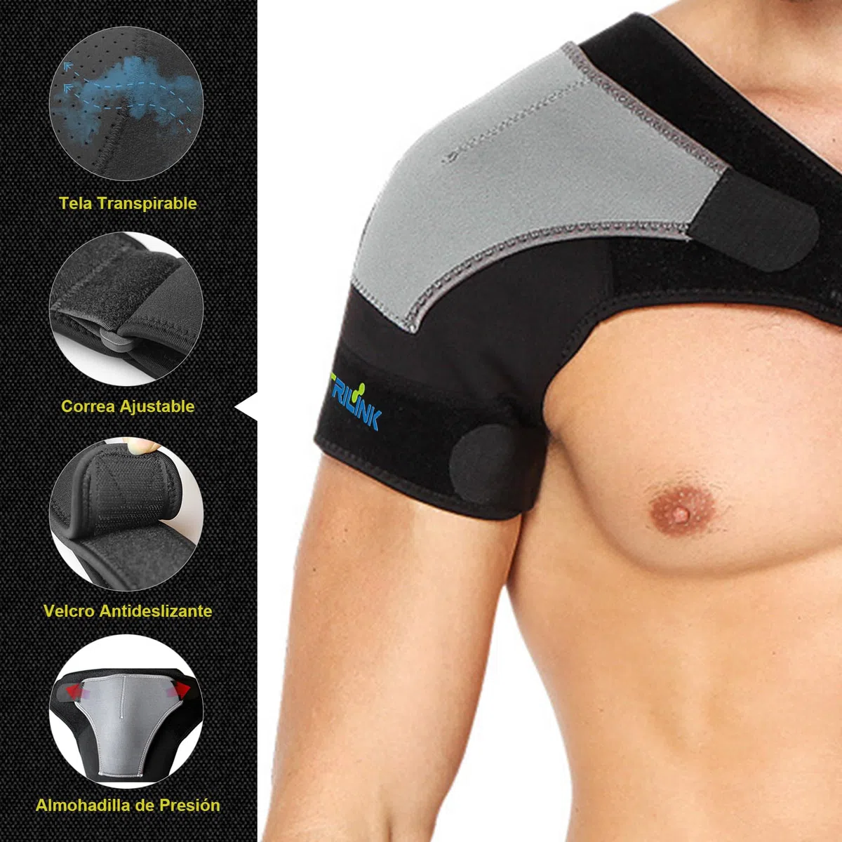 Hombrera para Mujeres y Hombres – Ajustable, Cómodo y Ligero, Vendaje de Hombro Ideal para Dolor, Esguince y Mayor Estabilidad, Talla Única (Derecho)