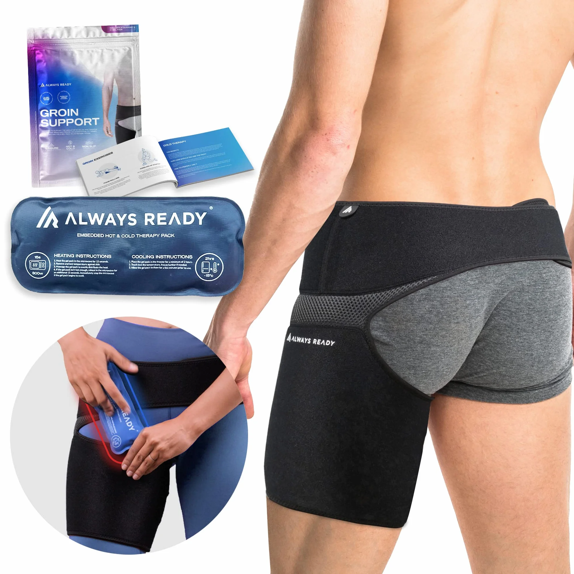 Always Ready Groin, Faja Para La Cadera, el Muslo y Los Músculos Isquiotibiales Con Terapia de Frío y Calor, Ideal Para Aliviar la Tensión y el Dolor Ciático, Compresión Ajustable, Unisex (M-XXL)