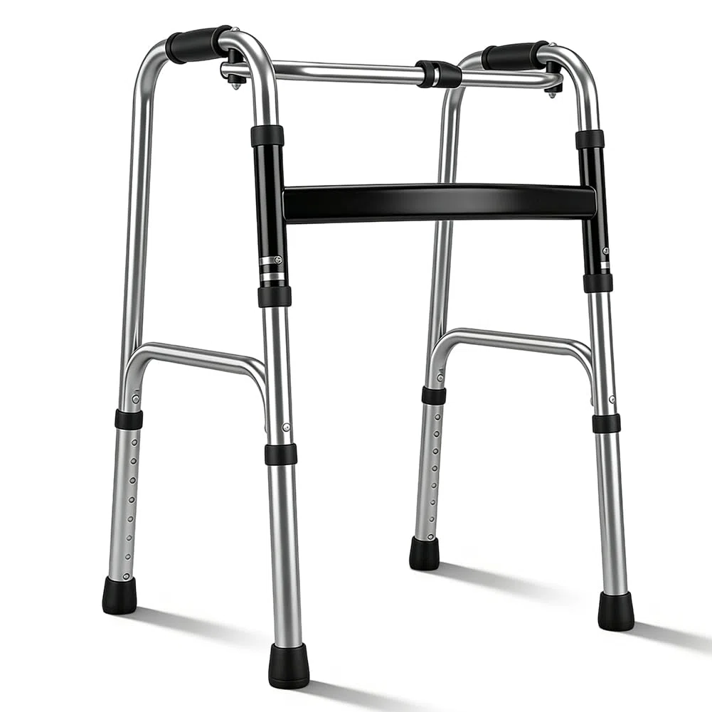 Andador de aluminio, altura ajustable, andador fácil plegable para personas mayores y adultos, andador sin ruedas con almohadillas antideslizantes para los pies para casa y viajes