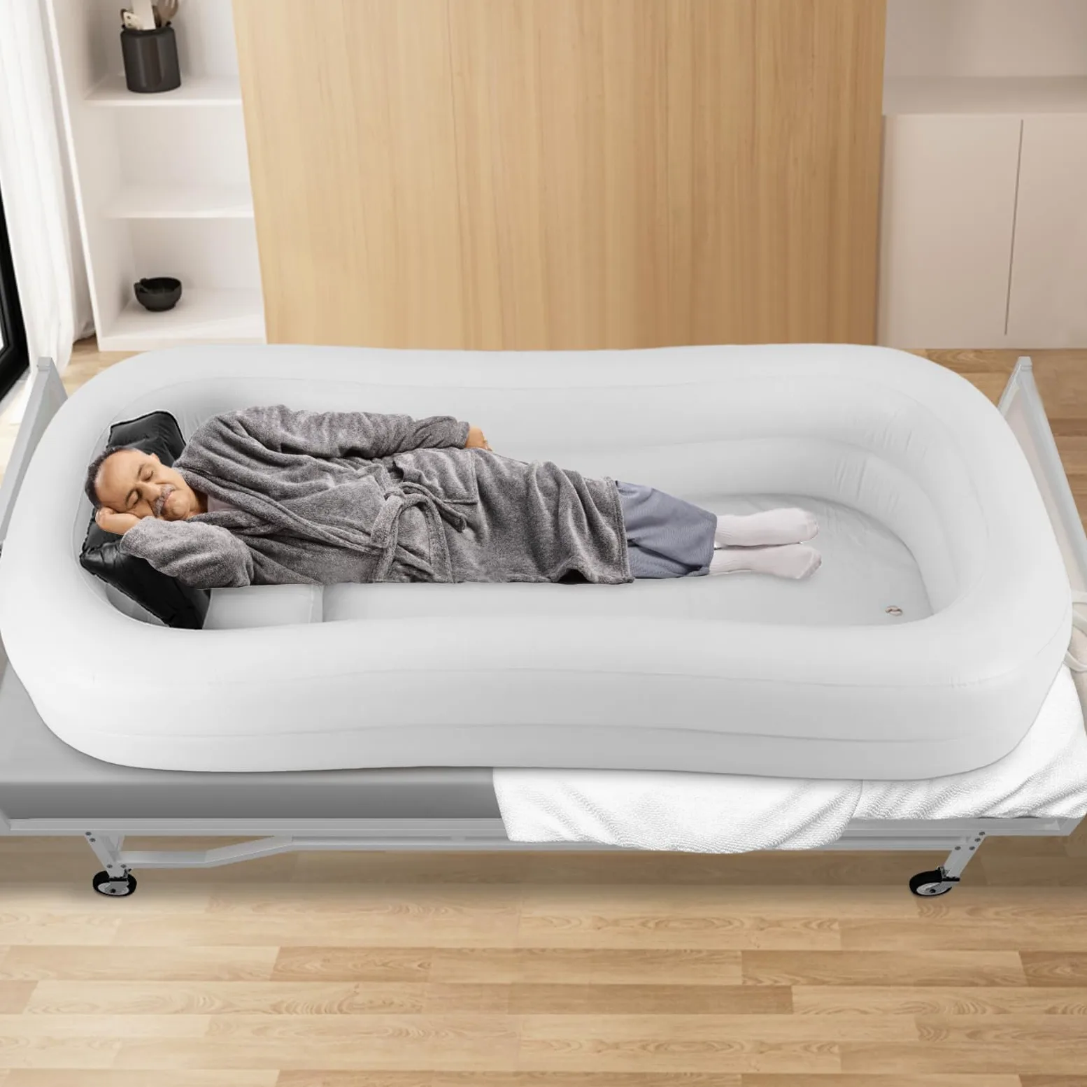 Juego de bañera de ducha inflable médica, sistema de ducha portátil junto a la cama con bomba, ayuda de baño simple en la cama para discapacitados/personas mayores (220 x 100 cm)