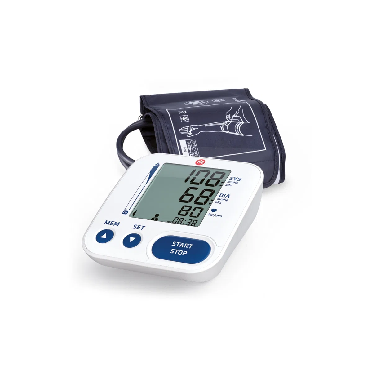 Pic Solution - Literapid - Medidor de presión arterial de brazo digital, aparato automático para medir la presión arterial en casa, clínicamente validado, blanco y azul