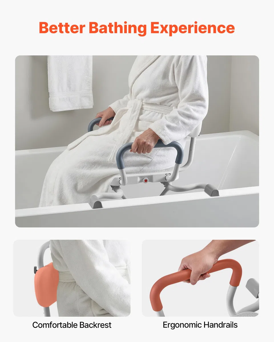VEVOR Tabla de Bañera con Brazos y Respaldo, Asiento de Bañera con Mango Carga de 100 kg, Ancho de 740 mm o 790 mm Silla Giratoria de 360° para Adultos, Personas Mayores, Personas con Discapacidad
