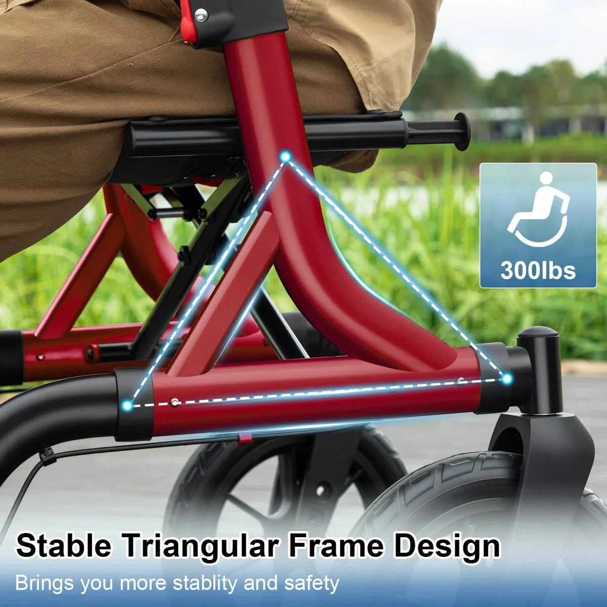 MAXWALK Andador para Ancianos con Ruedas Grandes 30 cm Todo Terreno, Andador Plegable Ligero con Asiento y Altura Ajustable, Andadores Estrechos para Apartamentos- Andadores Adultos