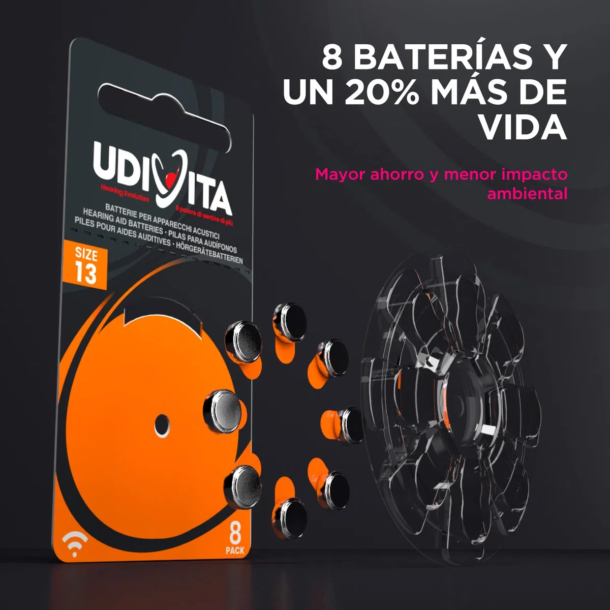 80 Pilas para Audífonos Tamaño 13 Udivita PR48 (Naranja) Zinc-Aire Hearing Evolution Tecnología Phono Pulse - 10 Blísteres de 8 Pilas