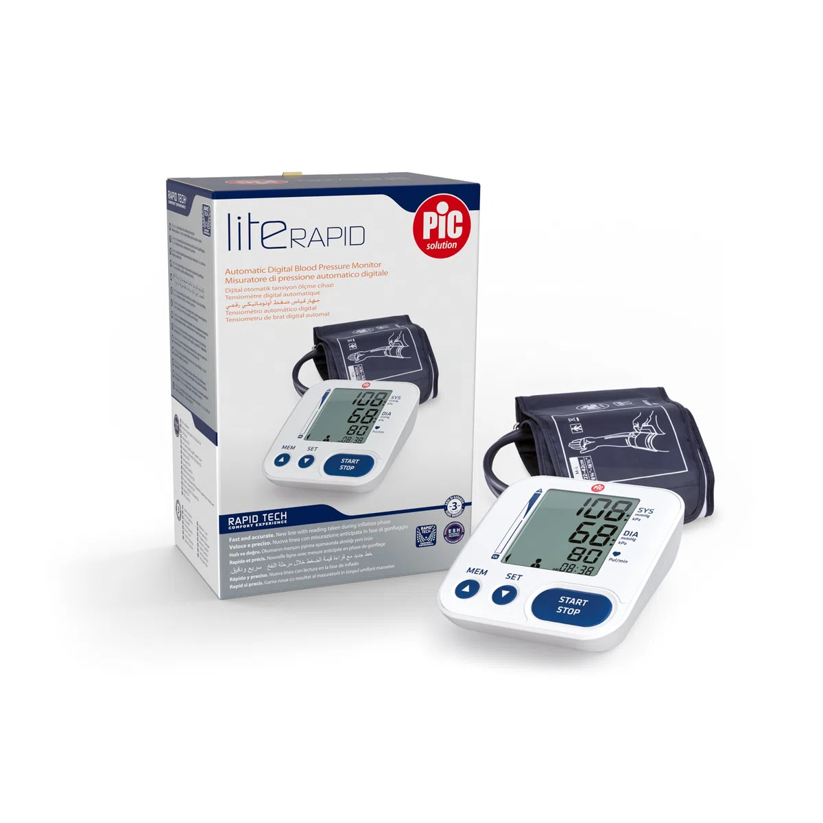Pic Solution - Literapid - Medidor de presión arterial de brazo digital, aparato automático para medir la presión arterial en casa, clínicamente validado, blanco y azul