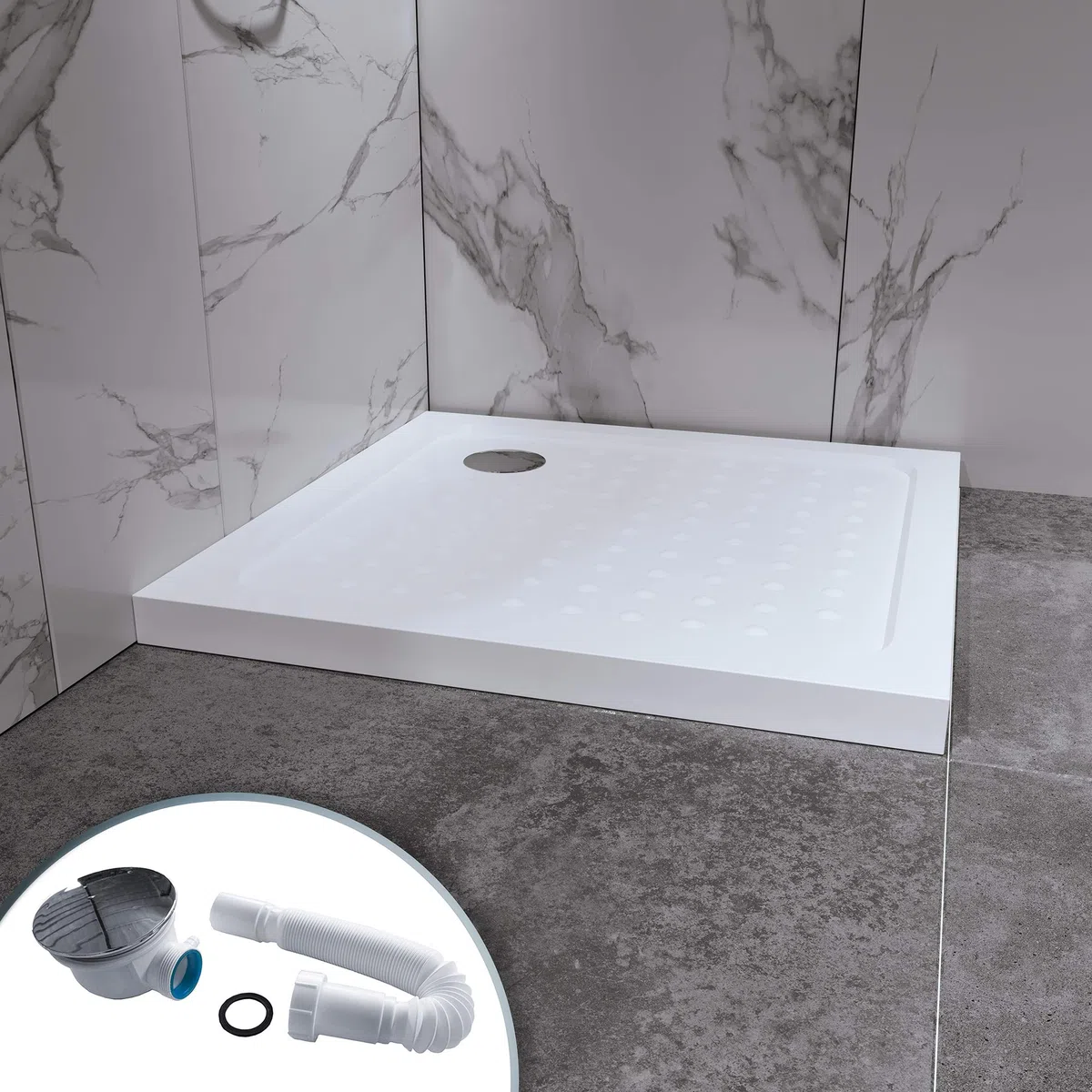 Plato de ducha 100 x 100 x 5 cm Blanco - Plato de ducha plano de acrílico sanitario resistente con tacos antideslizantes incl. juego de desagüe con sifón