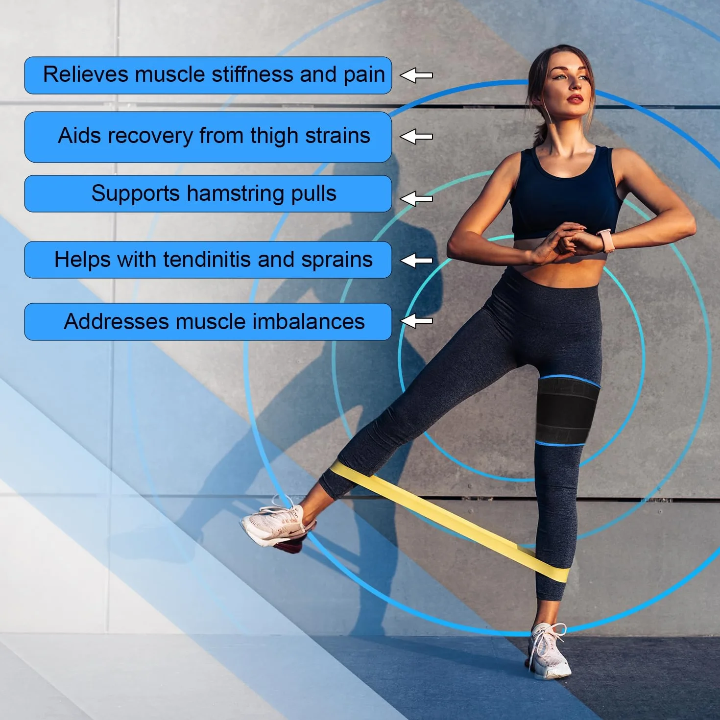supregear Soporte Muslo, Soporte Ajustable para la Lngle del Muslo, Manga de Compresión del Muslo Cuádriceps, Soporte de Cadera para la Recuperación de Lesiones Musculares Hombres/Mujeres, Azul