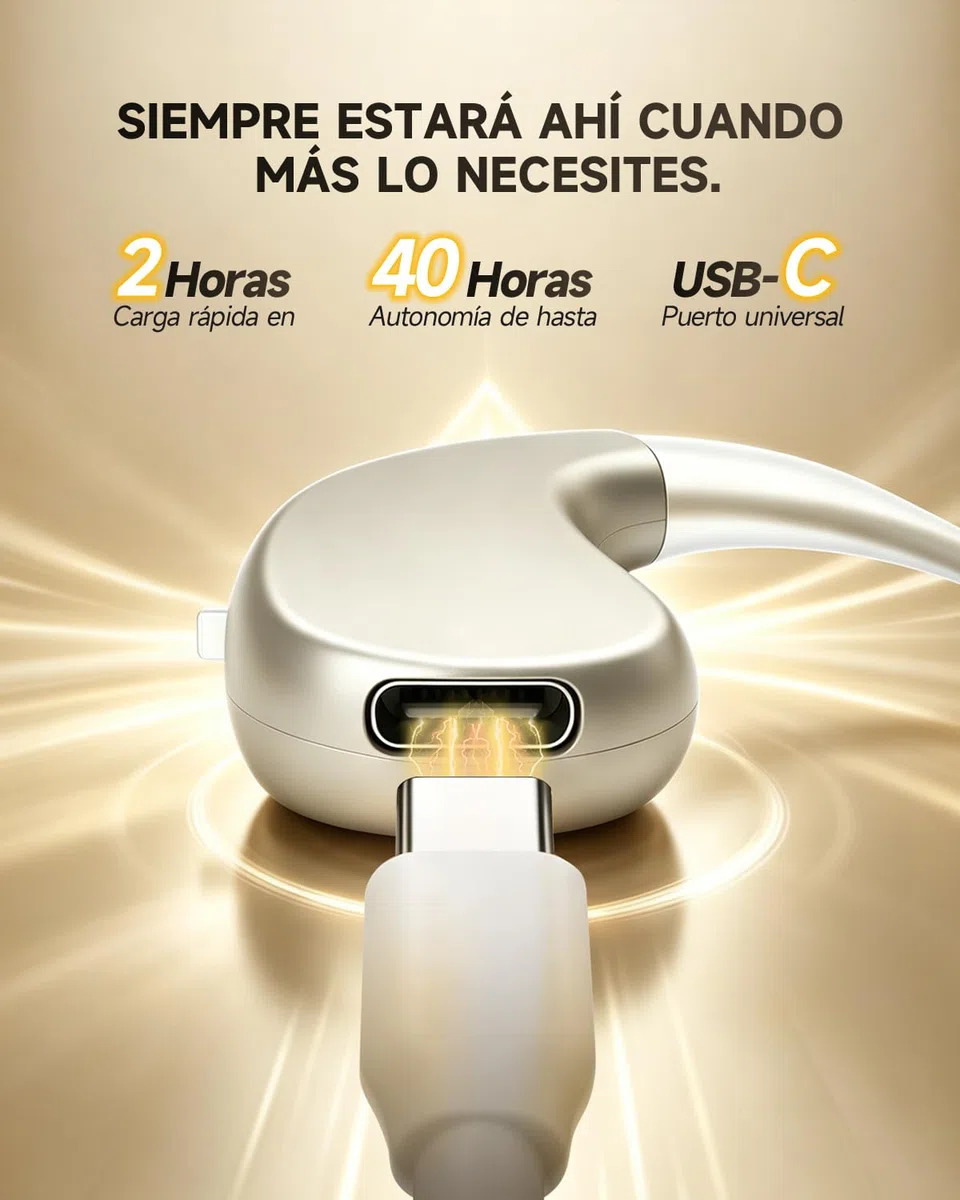 dispositivo con reducción digital de ruido, ganchos para las orejas flexibles de TPE para una comodidad óptima, Type-C, autonomía de hasta 40 horas (1 Unidad – Válido para cualquier oído)