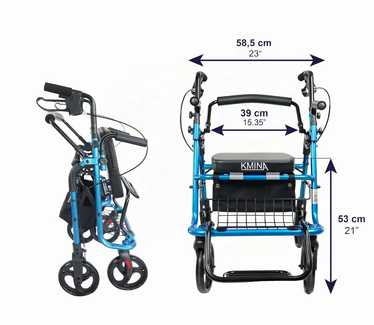 KMINA Andador Silla Plegable 2 en 1 con Cesta y Frenos de Maneta, Asiento Acolchado, Altura Regulable, Azul