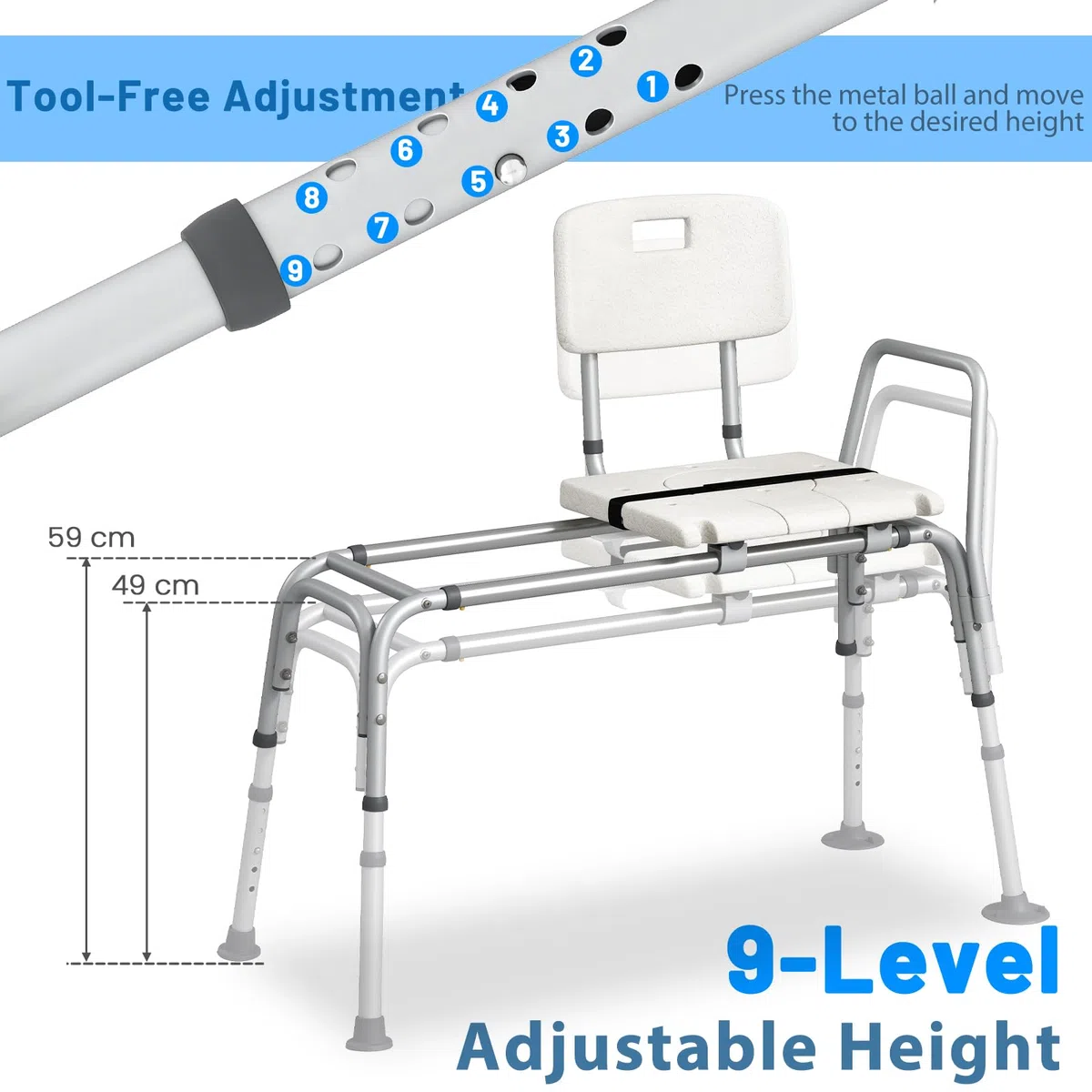 HOMASIS Silla de Ducha para Personas Mayores, Asiento baño para Adulto con Deslizante y Altura Ajustable. Cinturones de Seguridad, Almohadillas Antideslizantes, para Discapacitados, Carga 160kg