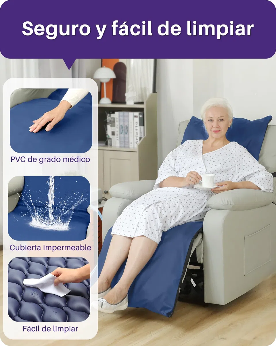 Kekoy Colchón Antiescaras para Sillones Reclinables, Bomba Silenciosa, Funda Impermeable, Ideal para Ancianos y Recuperación Postoperatoria, 170x56 cm, Azul Claro