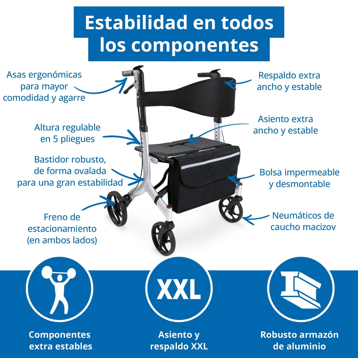 Weinberger Andador XXL de aluminio, estable hasta 180 kg, dispositivo médico clase 1, certificado SGS, plegable, altura ajustable, plegable, estable, 02262