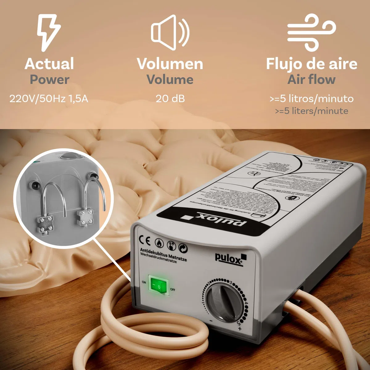 Pulox ADM-130 Colchón Antidecúbito - Soporte de presión alternante con Bomba - Poco Ruidoso y cargable hasta 130 kg - Beige | Silencioso cojín de presión alterna con solo 20 dB, para prevención de escaras, cuidado y almacenamiento a largo plazo