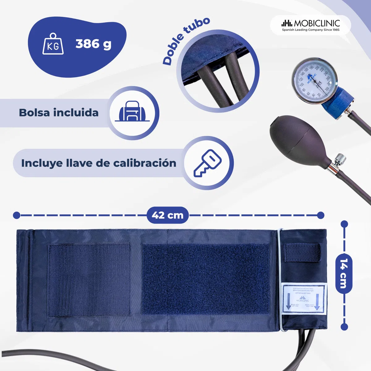 Mobiclinic, Tensiómetro de brazo, Doble salida, Incluye estuche, Medidor tensión aneroide, Medición presión arterial, Marca española, Precisión, Bomba goma, Ligero, Fácil usar, Azul