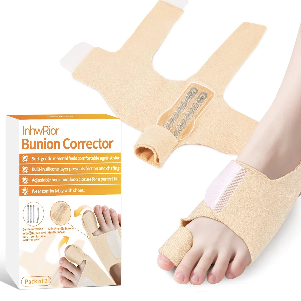 Corrector de hallux valgus InhwRior, equipado con 4 barras flexibles de acero inoxidable, 2 en cada lado, con almohadillas de amortiguación de silicona, mejora indolora de la condición del pie;lavable