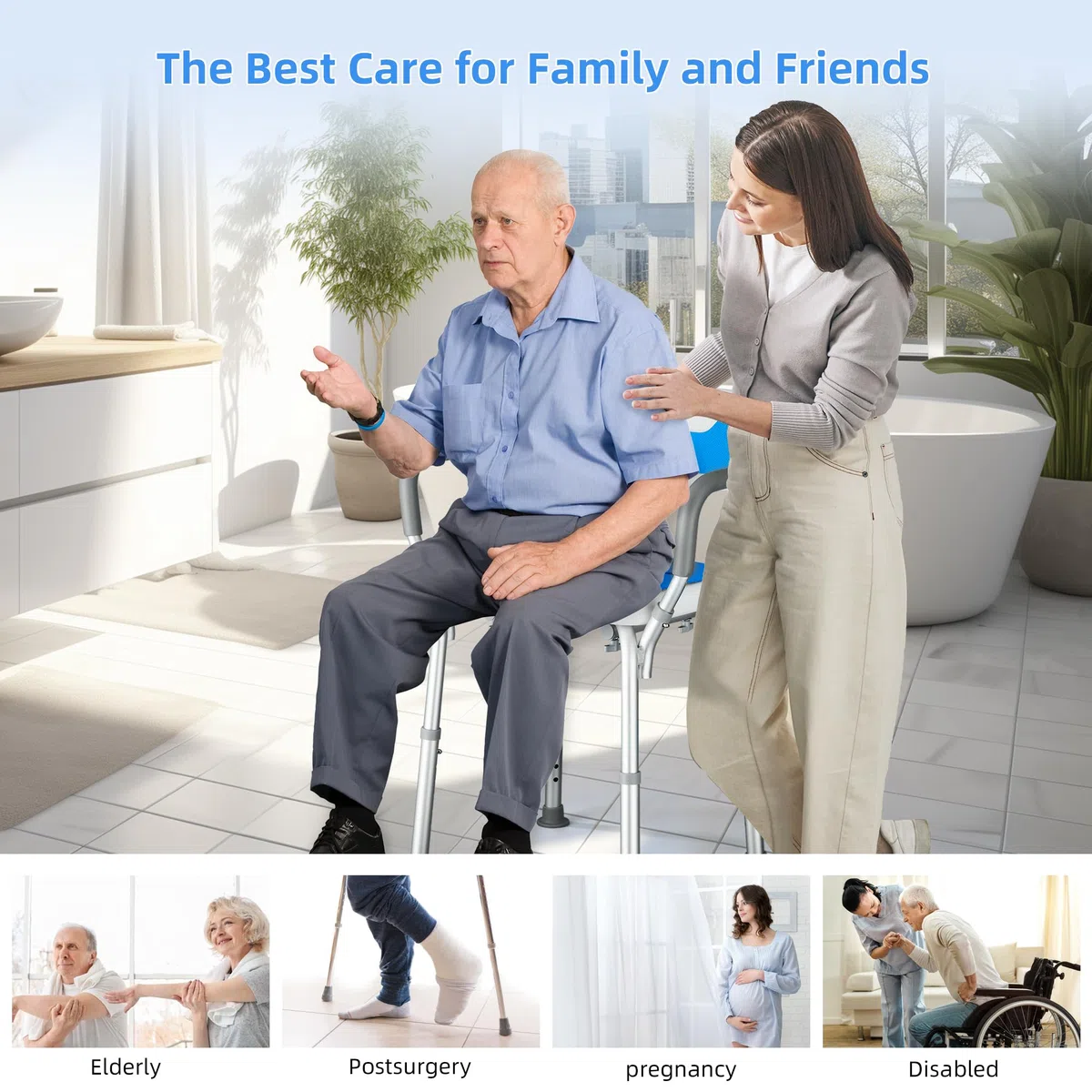 Silla Ducha Personas Mayores Asiento en U Taburete de Baño Antideslizante con Altura Ajustable de 6 Niveles y Reposabrazos Asiento de Ducha Regulable para Ancianos y Discapacitados