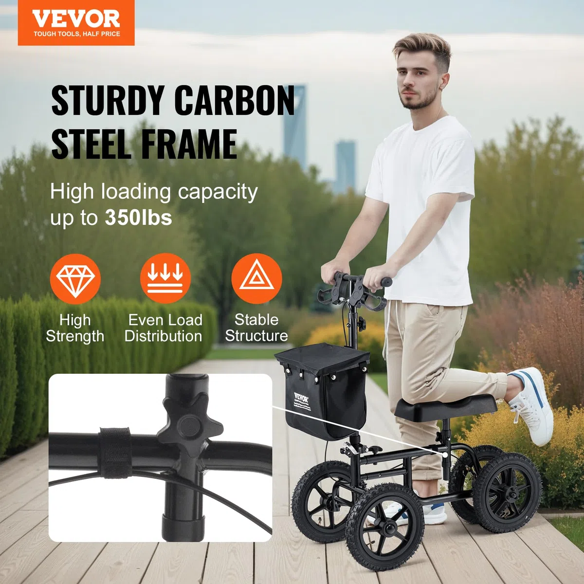 VEVOR Patinete de Rodilla Plegable Orientable de Acero al Carbono con Manillar Ajustable en Altura y Rodillera, Rueda Todoterreno, Frenos Dobles, Recuperación de Piernas, Carga de 160 kg, Negro