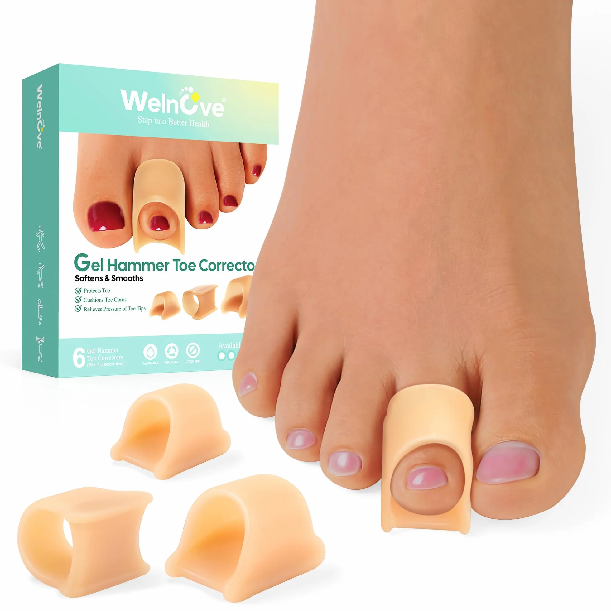 Welnove Corrector de Dedos en Martillo - Paquete de 6 Férulas para Dedos - Enderezadores de Dedos de Gel Suave - Realinea Dedos Doblados, Curvados, Torcidos, en Garra, en Martillo - Corrector de Dedos