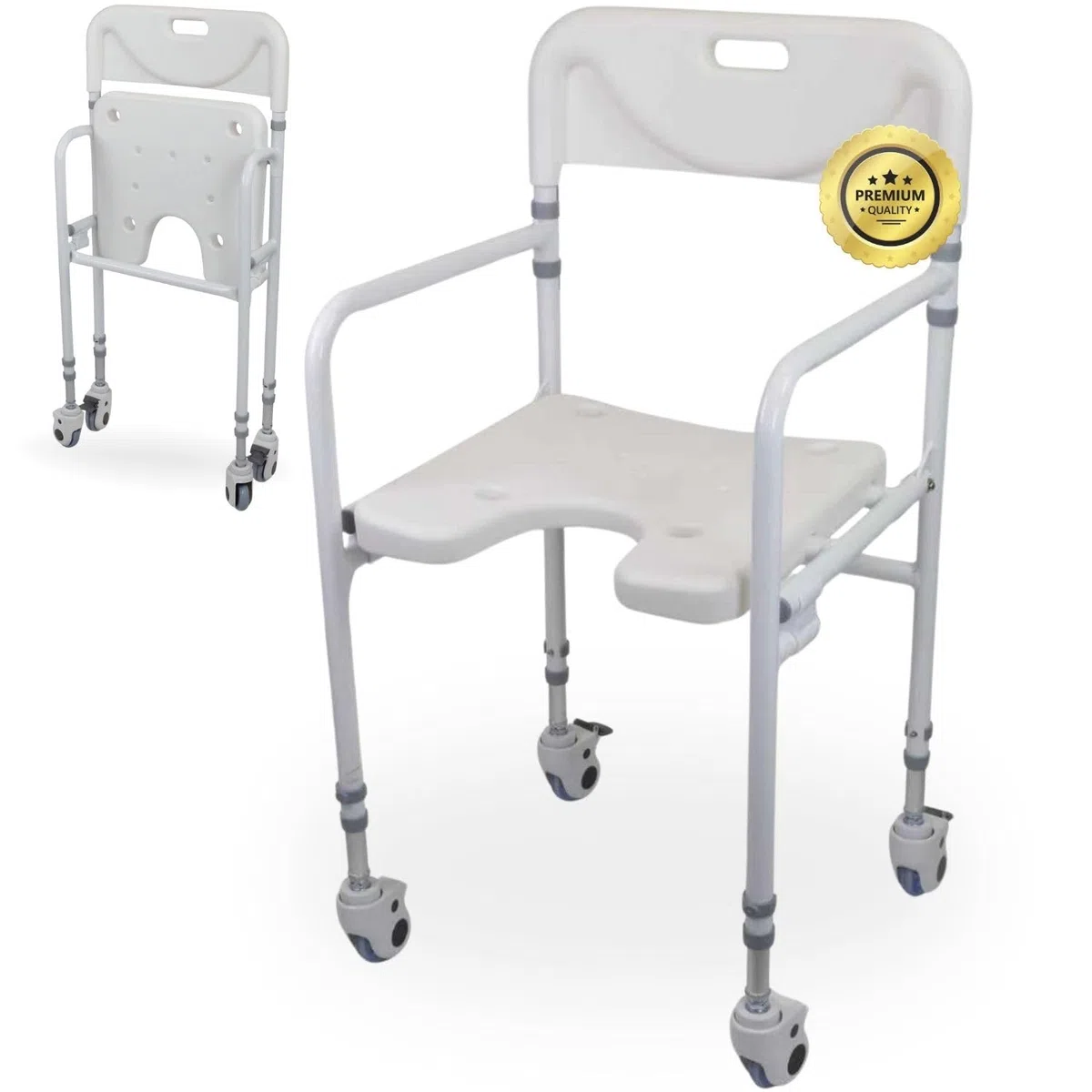 OrtoPrime Silla Ducha Personas Mayores Forma U con Ruedas Silla Baño Adultos Plegable - Silla Ducha Mayores Ortopédica - Silla de Baño Taburete Ducha para Mayores con Respaldo Altura Regulable