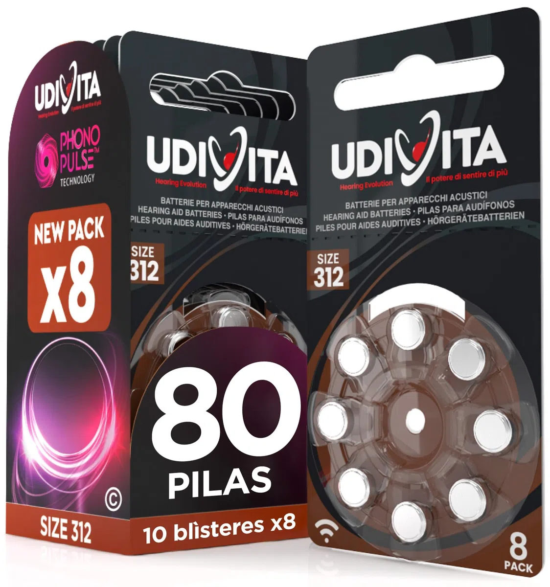 80 Pilas para Audífonos Tamaño 312 Udivita PR41 (Marrón) Zinc-Aire Hearing Evolution Tecnología Phono Pulse - 10 Blísteres de 8 Pilas