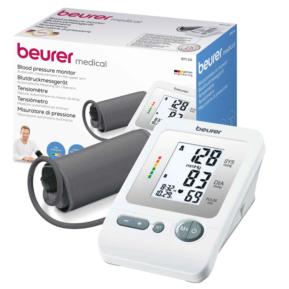 Beurer BM 26 Tensiómetro de brazo con manguito para circunferencias de brazo de 22-35 cm, indicador de riesgo, detección de arritmias, mensaje en caso de errores de aplicación