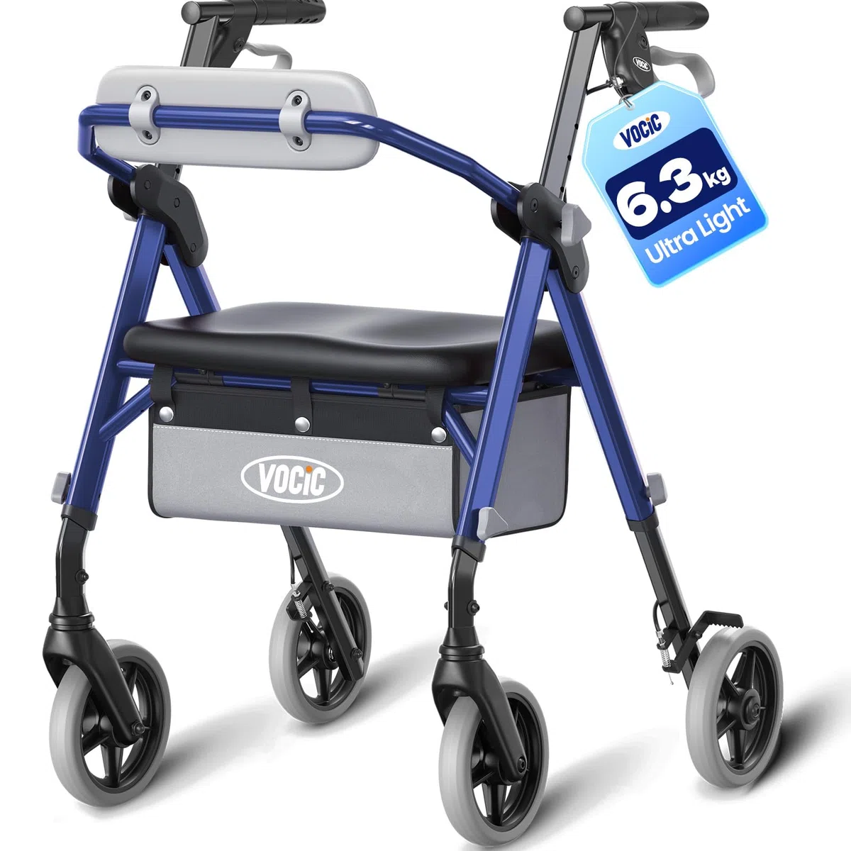 VOCIC Andador plegable ligero con asiento, 6,3 kg Ultraligero andador para ancianos con ruedas,Max 150 kg,asiento ergonómico, altura regulable,Walker estrecho para apartamento & viajes,azul