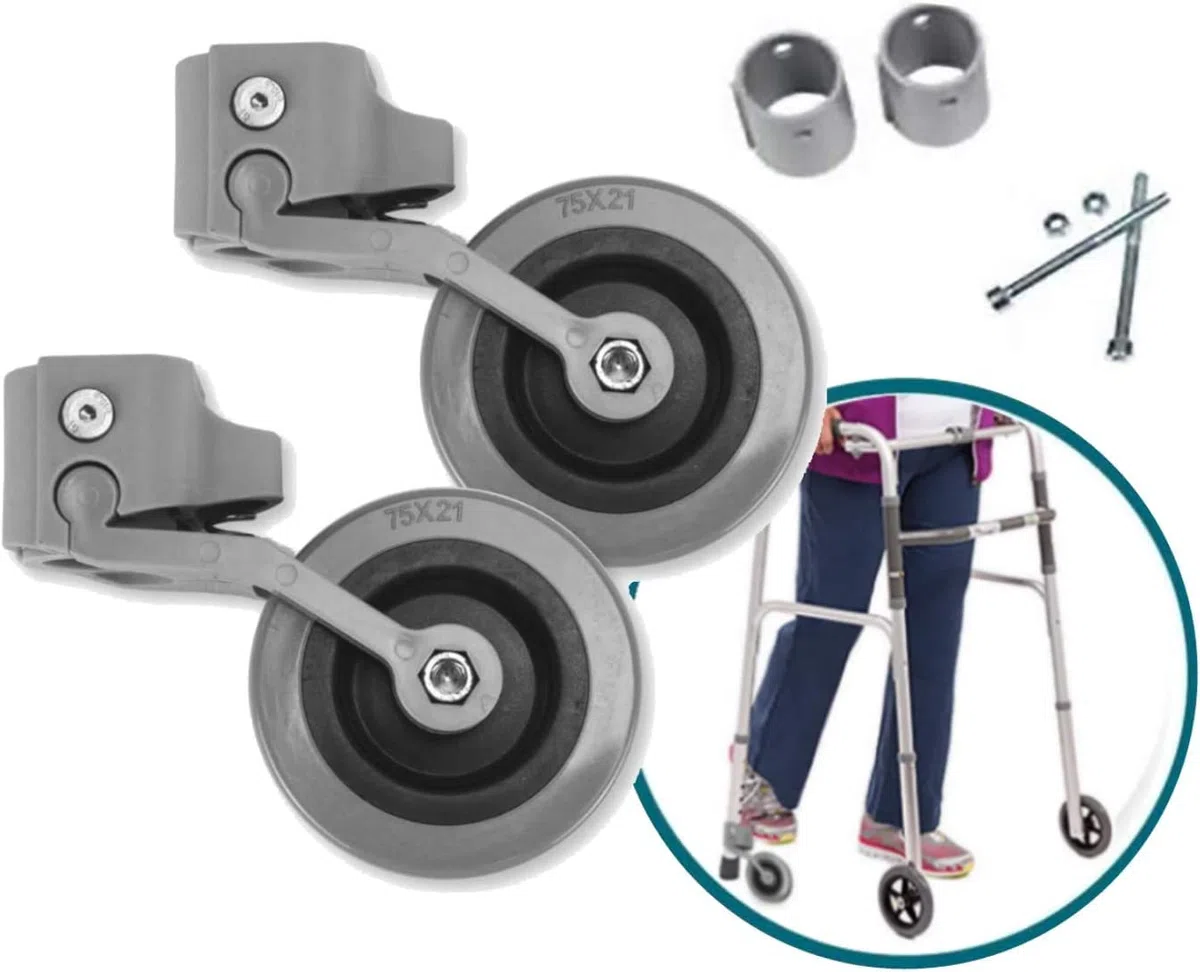 OrtoPrime Kit x2 RUEDAS Andadores Ancianos - Ruedas Traseras Adaptables a Andadores de Adultos - Casquillos Compatibles Tubo de 30mm 25mm y 22mm - Freno a la Carga por Presión y Fácil Instalación