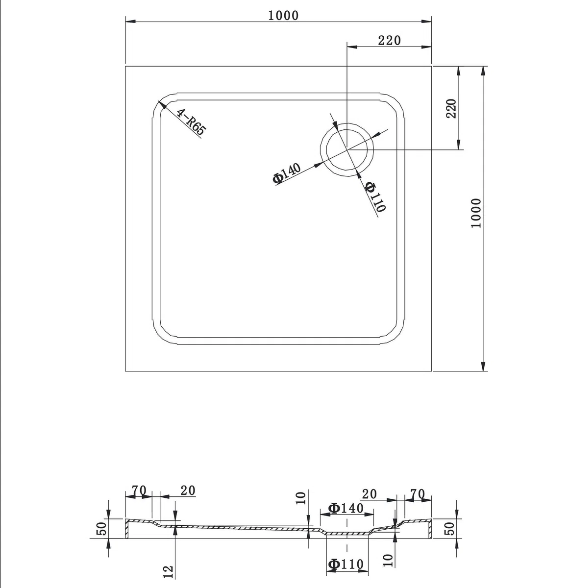 Plato de ducha 100 x 100 x 5 cm Blanco - Plato de ducha plano de acrílico sanitario resistente con tacos antideslizantes incl. juego de desagüe con sifón