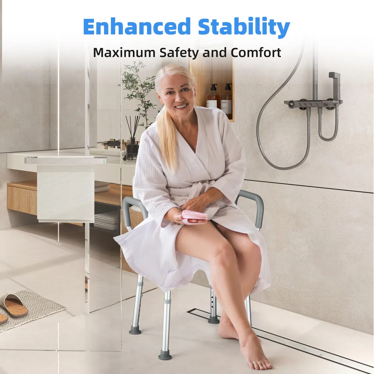 Silla Ducha Personas Mayores Asiento en U Taburete de Baño Antideslizante con Altura Ajustable de 6 Niveles y Reposabrazos Asiento de Ducha Regulable para Ancianos y Discapacitados