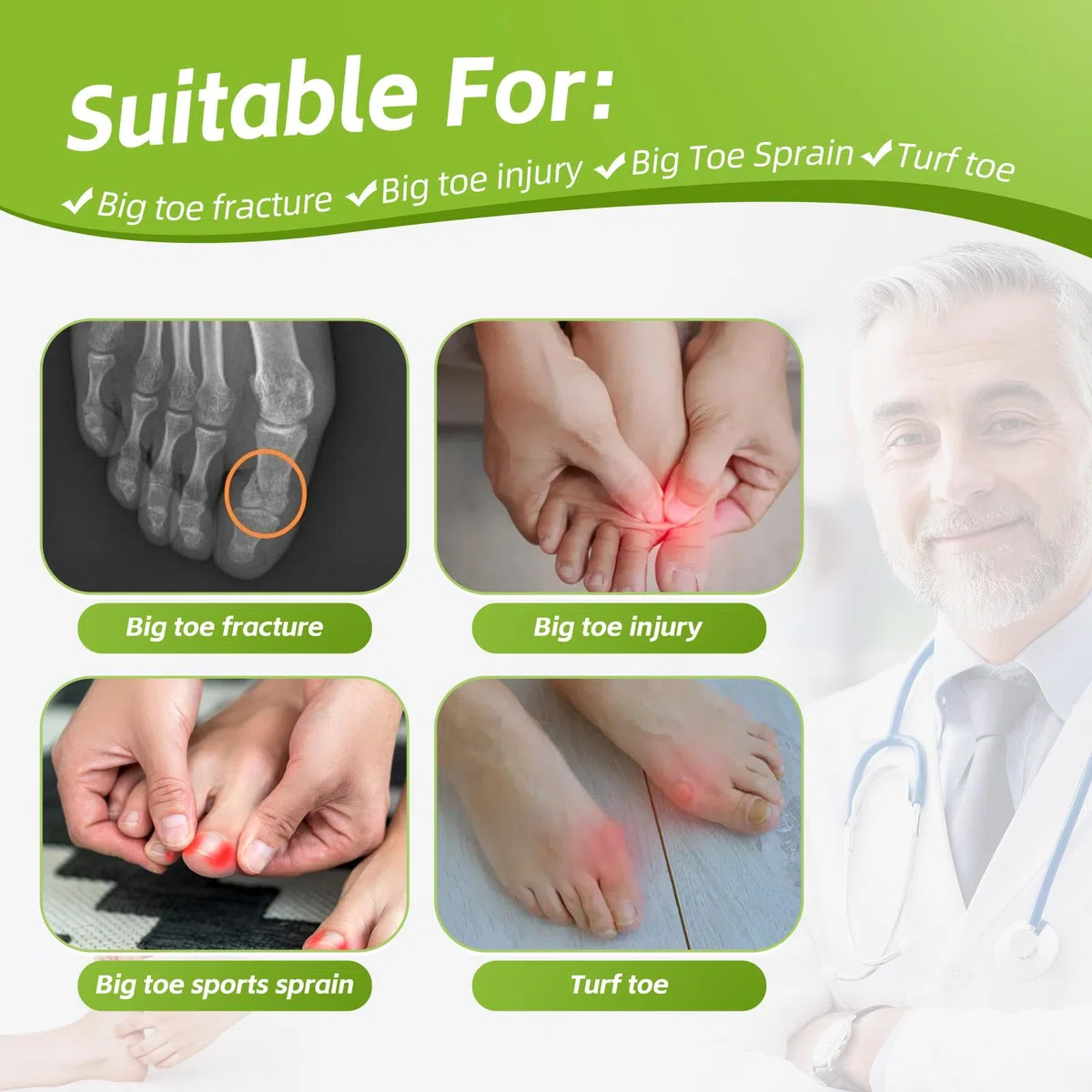 Fanwer Férula Dedo Pie para Fractura o Recuperación del Dedo Gordo - Con 2 Placas Metálicas Ajustables para Mujer y Hombre (Derecho)