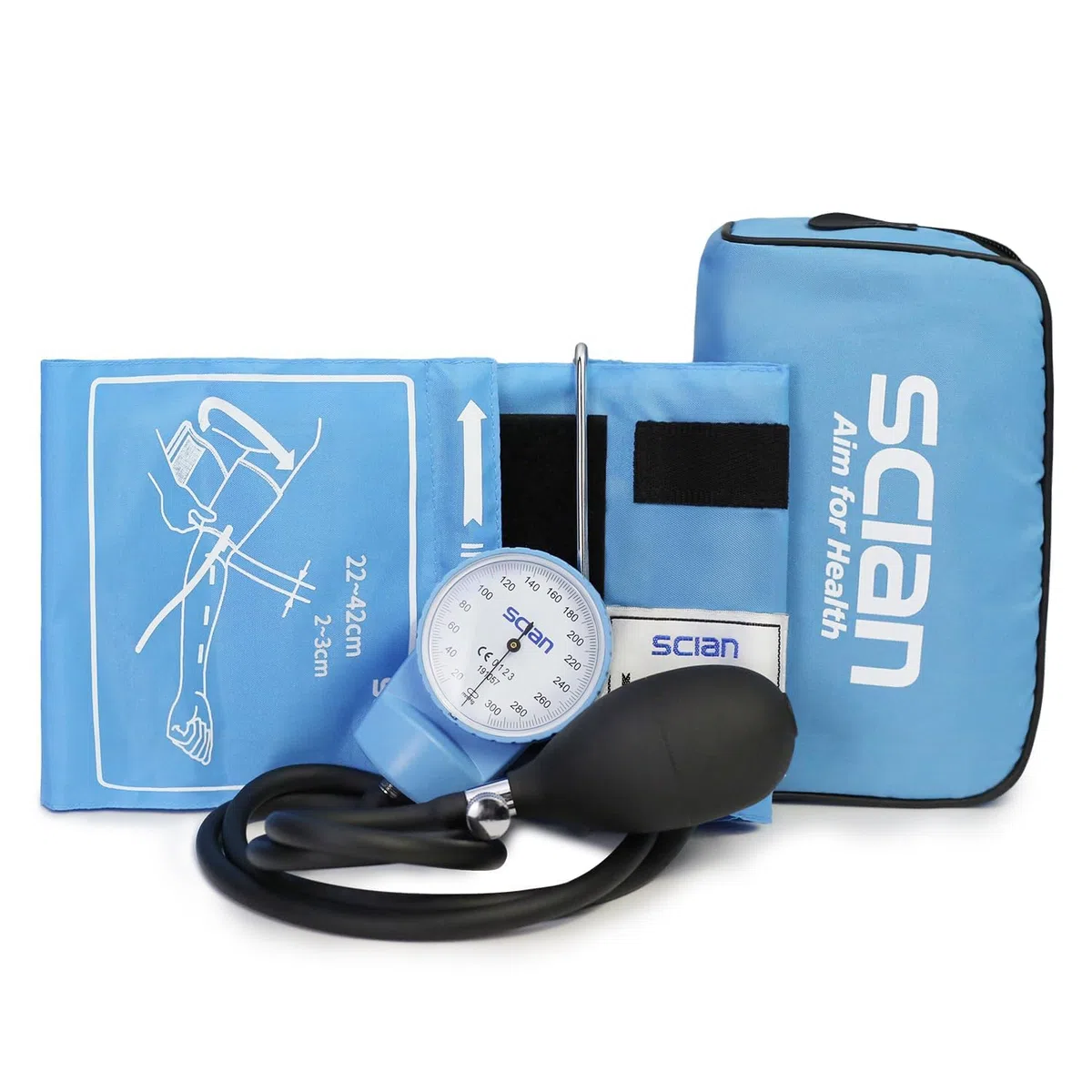 SCIAN Esfigmomanómetro Manual Aneroide, Tensiómetro de Brazo Manual Profesional, Brazalete Universal 22-42cm, para Uso Médico y Doméstico con Bolsa de Transporte (Azul cielo)