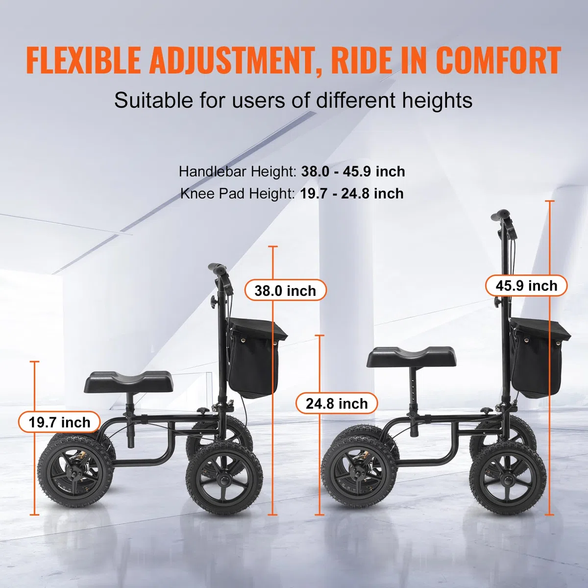 VEVOR Patinete de Rodilla Plegable Orientable de Acero al Carbono con Manillar Ajustable en Altura y Rodillera, Rueda Todoterreno, Frenos Dobles, Recuperación de Piernas, Carga de 160 kg, Negro