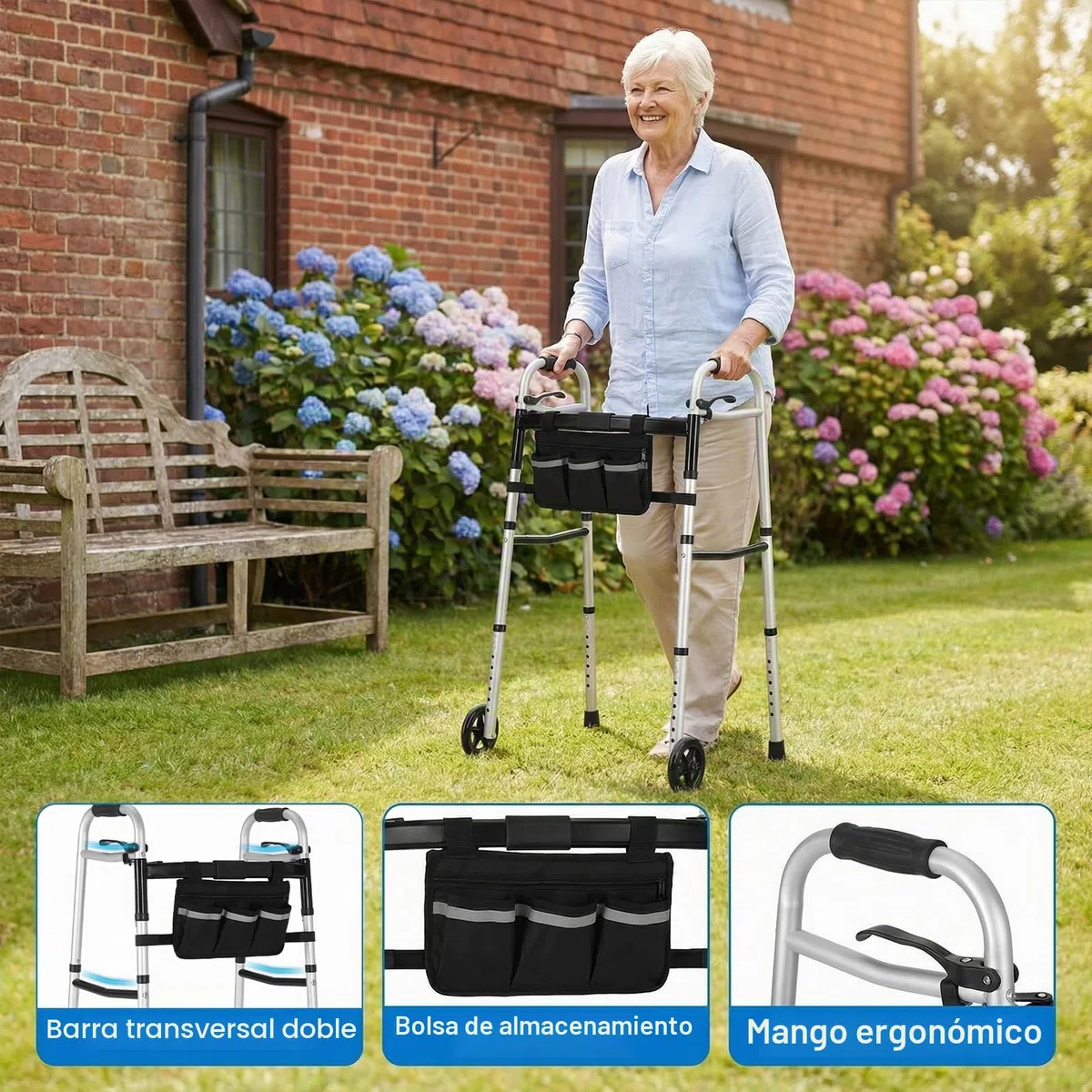 Andador para Personas Mayores, Plegable con Ruedas, Caballete Ligero de Altura Regulable de Aluminio, Gehgestell con Altura Regulable en 8 Niveles y Anchura Ajustable en 5 Posiciones
