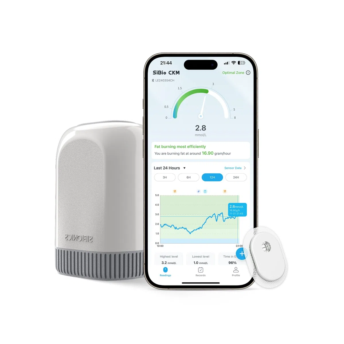 SIBIO KS3 Monitorización Continua de Cetonas (CKM), Sensor Wearable de 14 Días para Seguimiento Preciso de la Cetosis, Análisis Profesional en Tiempo Real para Dieta Cetogénica y Low-Carb