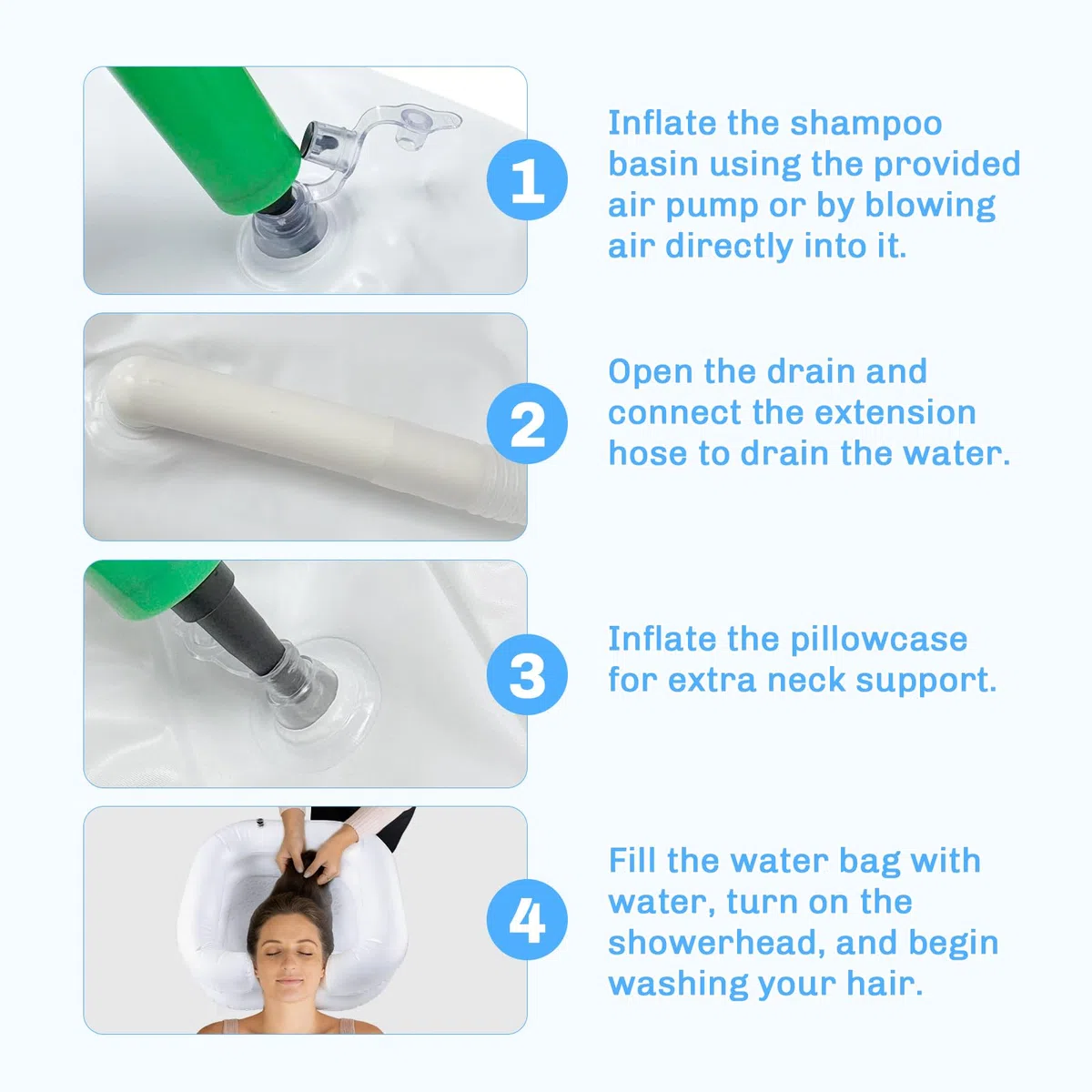 Lavabo de pelo para postrados en cama, lavabo inflable con manguera de drenaje de 1 m, bomba de aire, cabezal de ducha y saco de agua para embarazadas, lesionados, personas mayores y personas