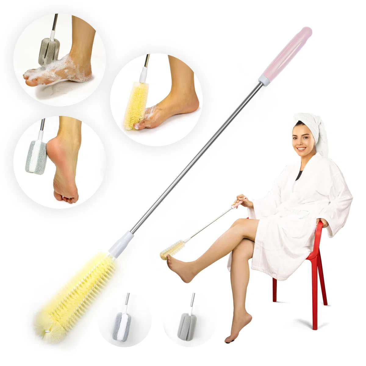3-in-1 Cepillo para los pies con estilo largo, cepillo de limpieza con hendidura de los dedos, cepillo de baño con estilo largo, para Ancianos, mujeres embarazadas, discapacitados, etc.