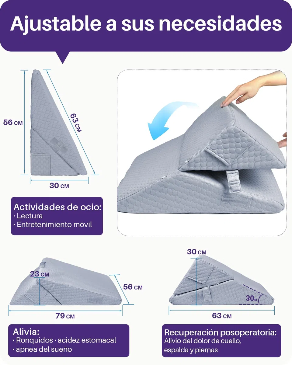 Kekoy Cuña Antireflujo Adulto Ajustable | Ideal para Apnea del Sueño, Reflujo Ácido, Ronquidos y Recuperación Postoperatoria | Almohada Cuña en Espuma de Memoria, Funda Lavable y Asidero - Gris
