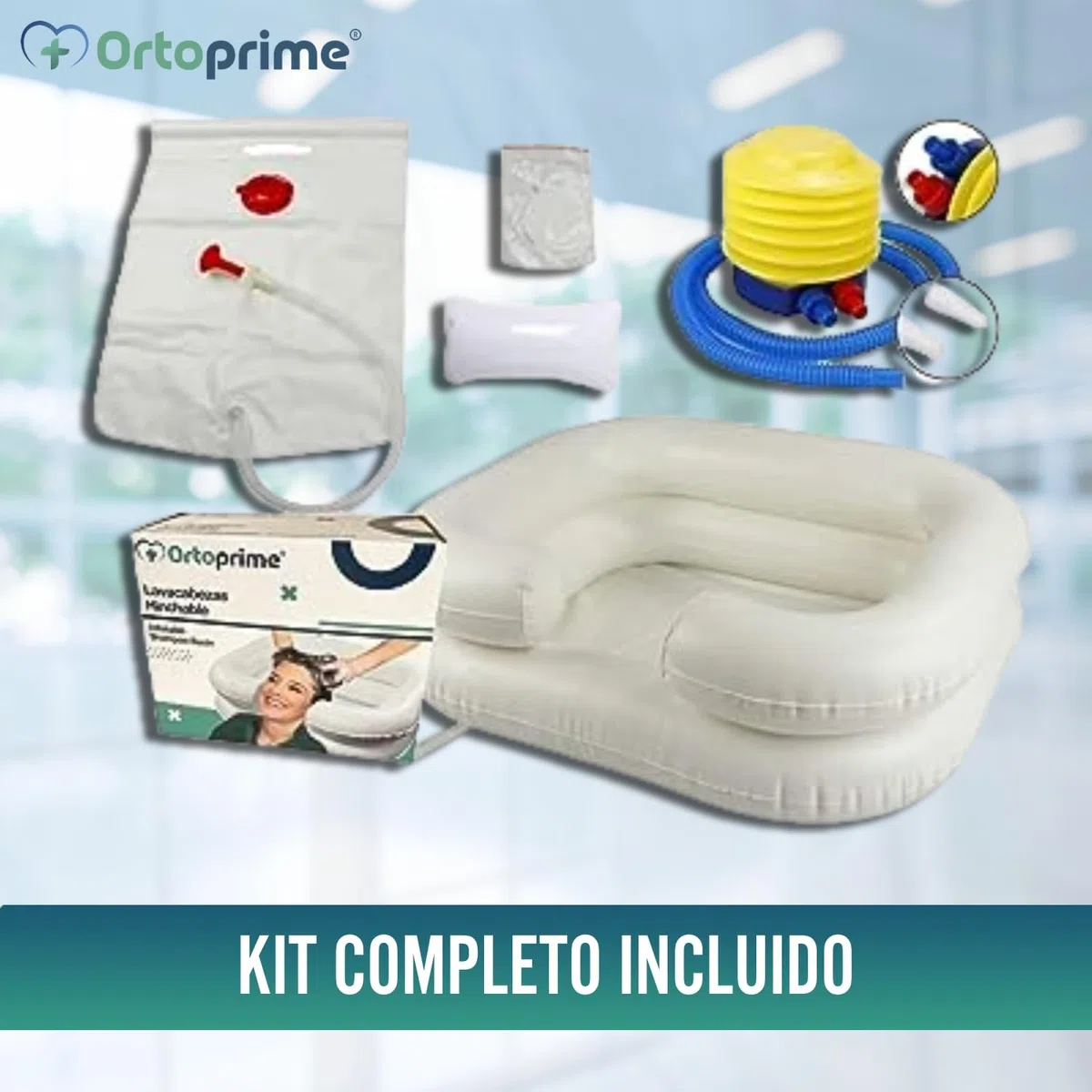 OrtoPrime Lavacabezas Hinchable para Cama KIT COMPLETO con tubo de Drenaje y Bolsa - Ortopedia Lavacabezas Portátil PELUQUERÍA y HOGAR con Hinchador - Lavabo de Cabello Bañera Hinchable para Cama