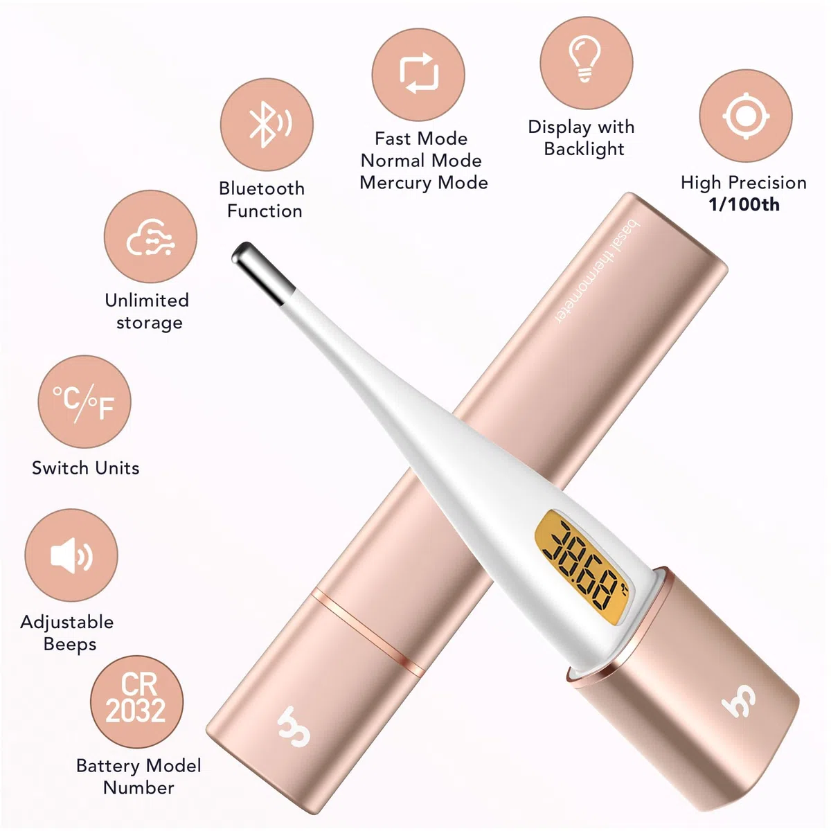 Femometer Vinca II - Termómetro basal digital Bluetooth con aplicación inteligente (iOS y Android) para control de ciclo de ovulación, color dorado