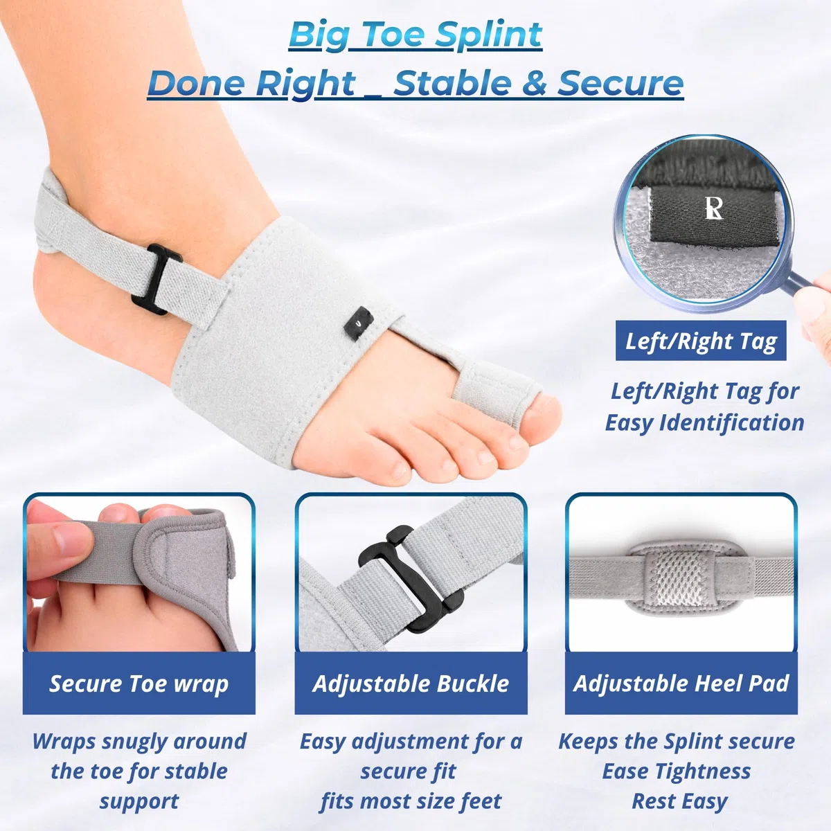 Férula para dedo gordo del pie, soporte Turf Toe para fracturas, lesiones y esguinces, 3 placas de acero inoxidable, correa de talón desmontable y calzador Gris derecho
