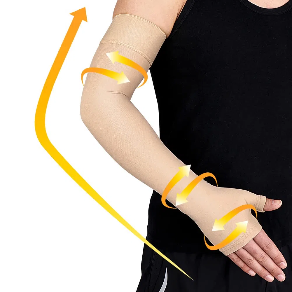 Beister Lymphedema Medical Compression Arm Sleeve with Gauntlet for Men & Women (Single), 20-30 mmHg Full Arm Support with Dot Silicone Band, Graduated Compression Arm Brace for Swelling, Arthritis