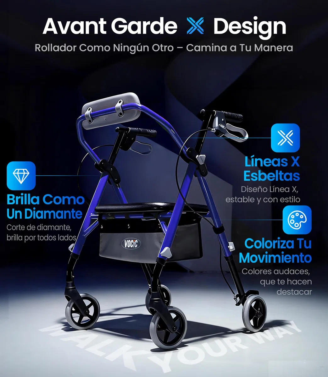 VOCIC Andador plegable ligero con asiento, 6,3 kg Ultraligero andador para ancianos con ruedas,Max 150 kg,asiento ergonómico, altura regulable,Walker estrecho para apartamento & viajes,azul