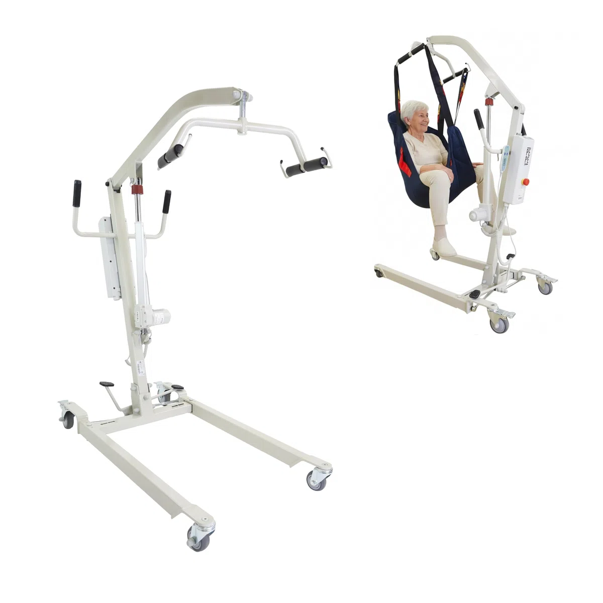 PEPE Mobility Grúa para Personas Mayores Eléctrica (hasta 150 kg), Arnés de Transferencia Incluido, Ancho Ajustable, Ruedas con Bloqueo Seguridad