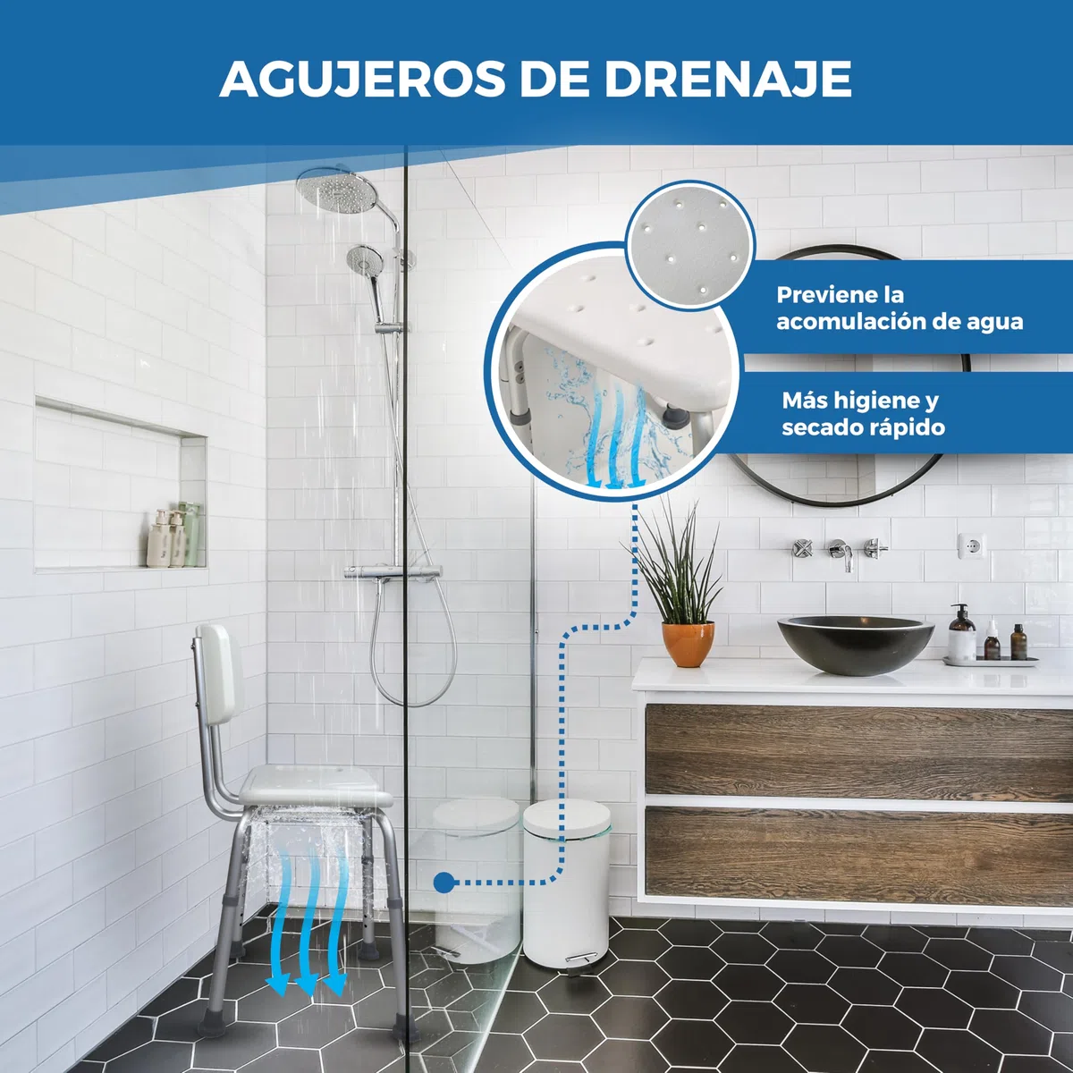Mobiclinic, Silla de baño, Marisma, Taburete Ducha, Marca española, Asiento en u, Ortopédica, Altura Regulable, con Respaldo, Conteras Antideslizantes, para Personas Mayores, Movilidad Reducida